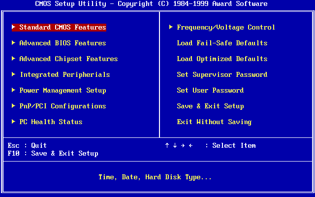 A blue Award CMOS Setup Utility screen with a two-column menu of settings