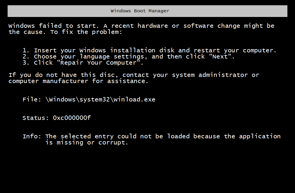 A Windows error screen titled Windows failed to start naming winload.exe and the status 0xc000000f