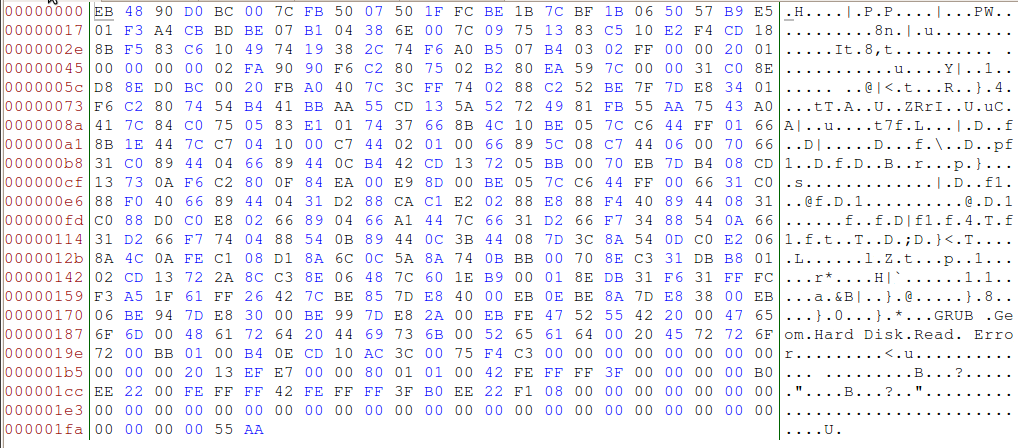 Hex dump of a 512-byte MBR with boot code, partition table near offset 0x1BE and the 55 AA signature at the end