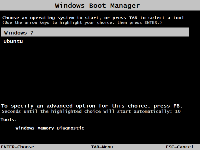 The Windows Boot Manager text menu offering Windows 7 and Ubuntu with a countdown and a Windows Memory Diagnostic tool