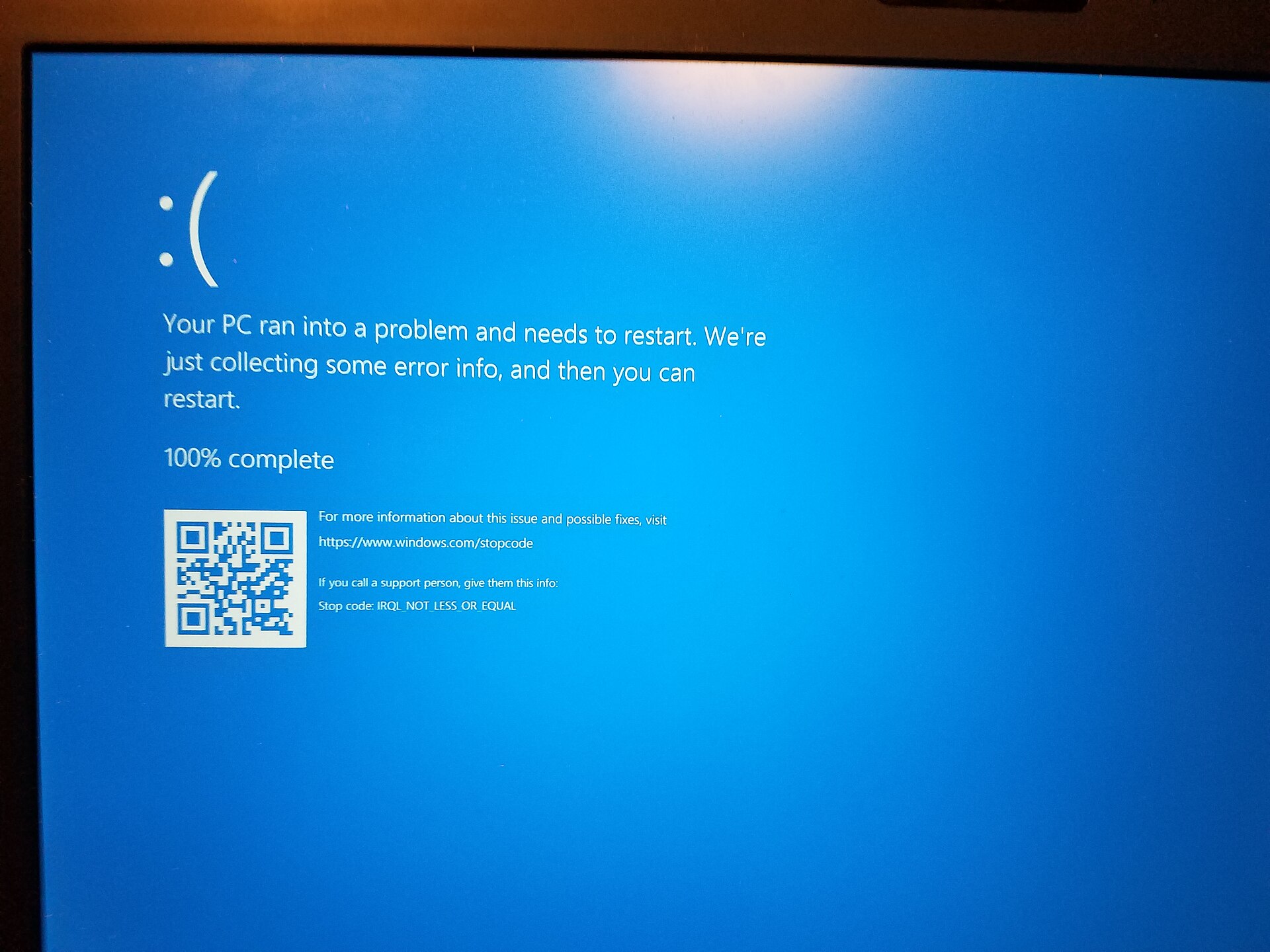 A Windows 10 blue screen with the stop code IRQL_NOT_LESS_OR_EQUAL
