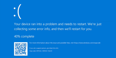 A small screenshot of a Windows 10 blue screen from a virtual machine with a sad face, a QR code and the stop code CRITICAL SERVICE FAILED