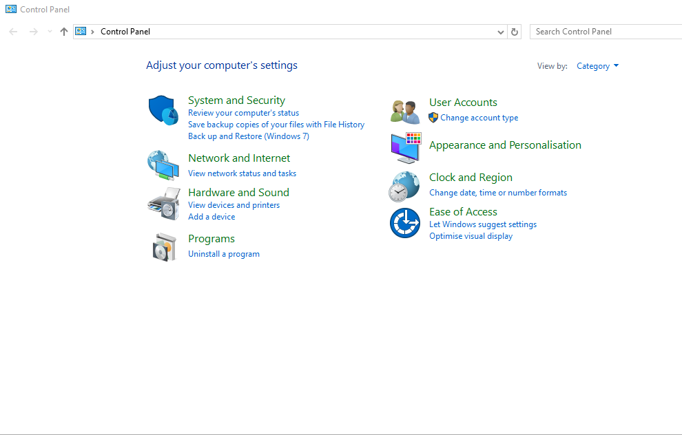 The classic Windows 10 Control Panel in Category view with eight groups