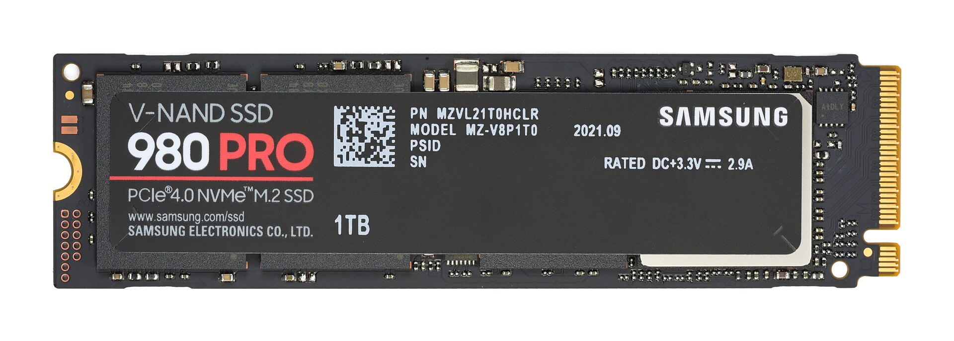Samsung 980 PRO NVMe SSD in M.2 form with its label on top