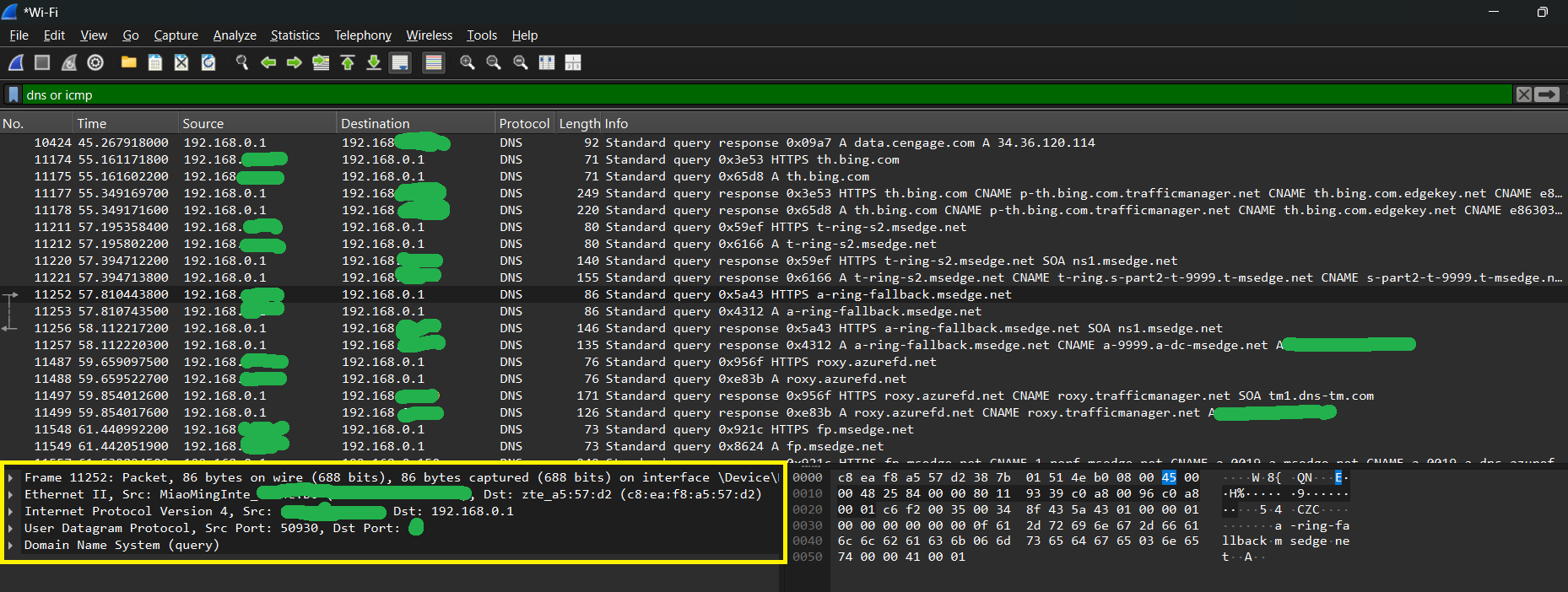 Wireshark window listing captured DNS query and response packets, with the layers Frame, Ethernet II, IPv4, UDP and DNS expanded below